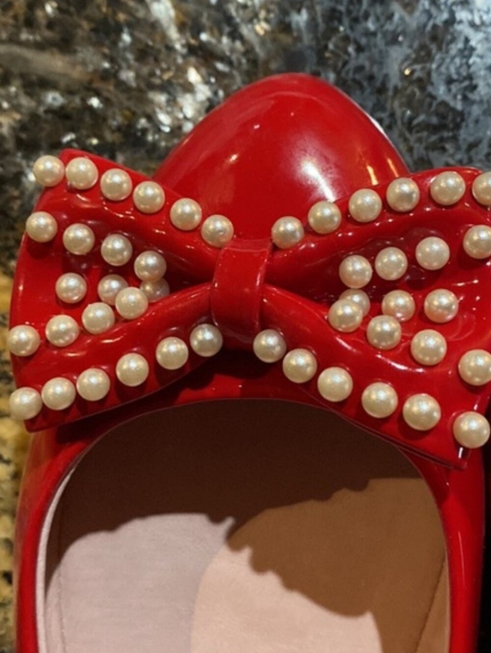 Pinup Couture | Ivy-09 Pointed Toe Flats with Pearl Bow- Red Patent - Picture 4 of 10